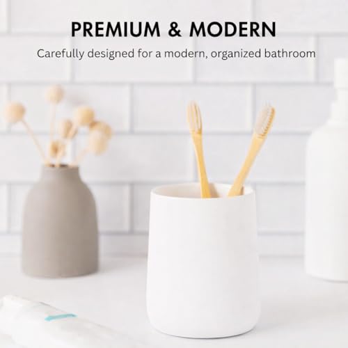 Yew Design Matte White Toothbrush and Toothpaste Holder and Cup for Bathroom Vanity and Countertop, Round Organizer for Electric Toothbrushes, Floss, Razors, Cotton, and Mouthwash - color: Round Matte White