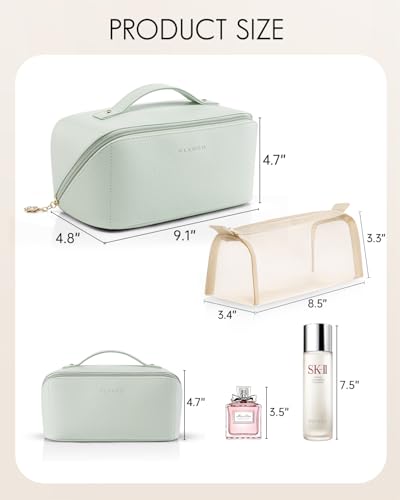 VLANDO Makeup Bag,Travel Toiletry Bag,Cosmetic Bag for Women PU Leather Portable Make up Bag for Skincare, Brushes & Travel Essentials-Mint Green - color: 07-Mint Green