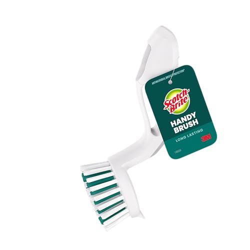 Scotch-Brite Handy Brush, Small and Durable Dish Brush with Handle for Scrubbing Hard-to-Reach Cookware, Tubs, Sinks, Car Tires, and More without Scratching, Antimicrobial, and Rinses Clean