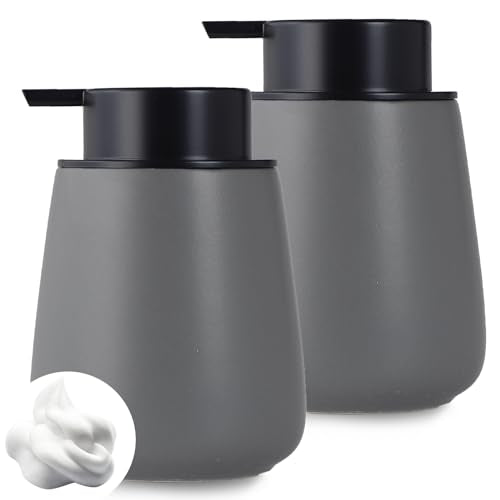 12Oz Hand Soap Dispenser Set - 2 Pack Ceramic Foam Soap Dispenser Set with Easy-to-Press Black Pump, Refillable Mordern Foaming Dish Soap Dispensers for Bathroom & Kitchen (Grey, Foam Pump) - color: Grey Foaming Dispenser