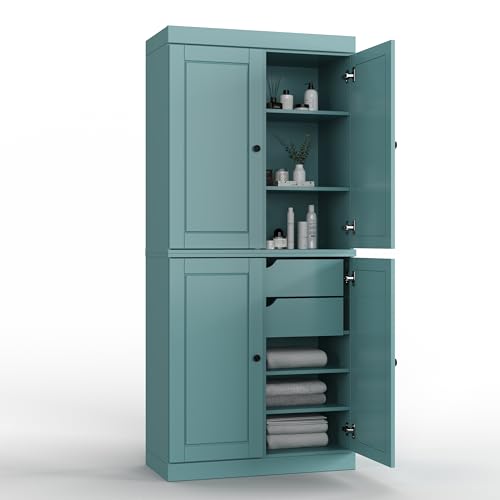 Palace Imports Solid Wood Tall Bathroom Pantry Cabinet with 4 Wooden Doors & Adjustable Shelves, Aqua - 100% Eco-Friendly, Renewable, Space-Saving Storage, 71.5" H x 32" W, Made in Brazil - color: Aqua
