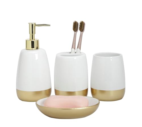 Elegant White with Gold Bathroom accesory Set 4pc,Toothbrush Holder soap Dispenser soap Dish Tumbler Cup for Bathroom Decor Morden Style (White 2) - style: WHITE 2