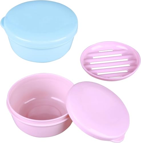2Pcs Round Travel Soap Case Portable Plastic Soap Container for Shampoo Bar | with Leak-Proof Lid for Bathroom Shower Gym (Pink + Blue) - color: Pink+blue