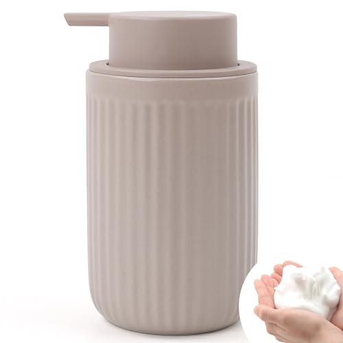BosilunLife Foam Hand Soap Dispenser - Ceramic Foaming Soap Dispenser for Bathroom 12oz Refillable Liquid Lotion Soap Dispenser with Rust-Proof Foaming Pump for Countertop - color: Khaki Foam Pump