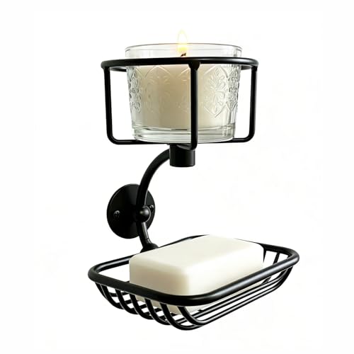 Bar Soap Holder Wall Mounted, Soap Container with Candle/Vase Holder, Farmhouse Elegant Black Bathroom Wall Decor, Soap Dish for Shower Bathtub - color: Black
