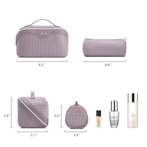 BOYATU Travel Makeup Bag Cosmetic Bags for Women: Large Capacity 3 Pcs Set Make up Bag with Compartments - Waterproof Vegan Leather Toiletry Organizer Bags with Handle (L55Light Purple) - color: L55Light Purple