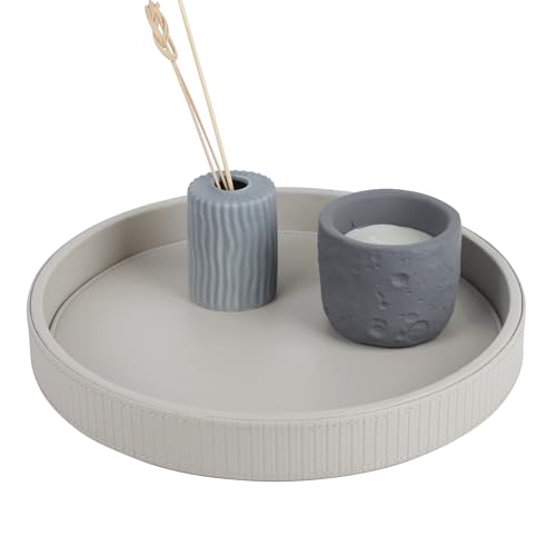 HofferRuffer Round Decorative Tray, Faux Leather Vanity Tray Decor, Decorative Catchall for Perfume, Bathroom Valet, Nightstand or Dresser (Grey Stripe, Round-12" x 12" x 1.6") - color: Grey Stripe