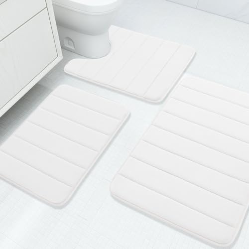 Buganda Memory Foam 3 Pieces Bathroom Rugs Set - Thick Soft Absorbent Bath Mats, Washable Small/Large/Contour Bath Rugs (24" x 16" + 30" x 20" + 24" x 20", White) - color: White, size: 24" X 16" + 30" X 20" + 24" X 20"