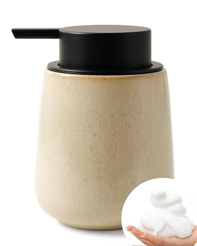 Bosilunlife Ceramic Foaming Soap Dispenser - 12Oz Bathroom Countertop Kitchen Dish Soap Pump Dispenser Foam Soap Dispenser - Greige with Speckle - color: Greige