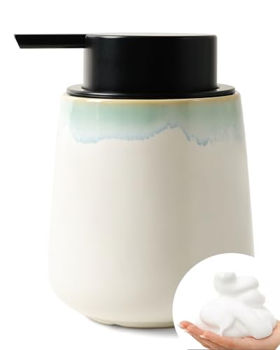 Bosilunlife Ceramic Bathroom Soap Dispenser - 12Oz Bathroom Countertop Kitchen Dish Soap Pump Dispenser Liquid Soap Dispenser - Matte White with Blue-Green Rim - color: Blue-green Rim