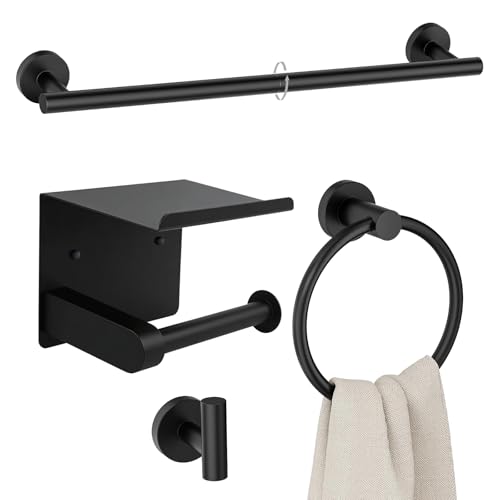 4-Pieces Wall Mount Bathroom Accessories Bathroom Hardware Set,23.6 Inch Stainless Steel Waterproof Towel Bars,Toilet Paper Holder with Shelf,Towel Ring,Coat Hook,Matte Black - color: Matte Black 4pc - Round