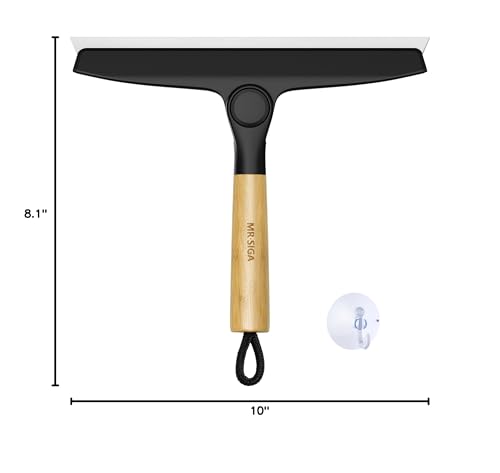 MR.SIGA All Purpose Silicone Squeegee for Shower Door, Mirror, Glass, Streak Free Shower Squeegee, Pivoting Bamboo Handle, Includes 1 Suction Hook, 10 inch Wide, Black, 1 Pack - color: Black
