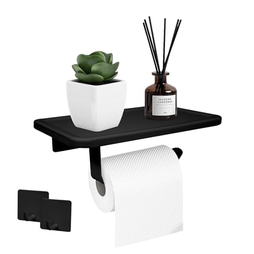Toilet Paper Holder with Shelf, Space Aluminum TP Roll Holder, Self Adhesive & Screw Wall-Mounted Toilet Tissue Rack for Smaller Bathroom Washroom Restroom Kitchen (2 Hooks Included) - Black
