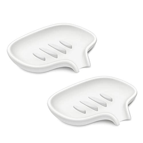 SUBEKYU Silicone Soap Dish for Bathroom,Bar Soap Holder for Shower with Draining Tray, Waterfall Soap Tray for Kitchen Sink, Set of 2 (2 * White) - color: 2 * White