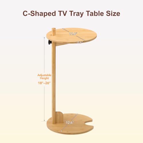 Bamboo C-Shaped Side End Table for Sofa | Slides Under Couch; Round Solid Bamboo Top; Works as Laptop Desk & TV Tray; Space-Saving for Small Living Rooms and Bedrooms - color: Natural