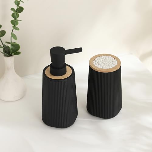 YAUKPH Bathroom Accessories Set 2 Piece Soap Dispenser and Toothbrush Holder for Bathroom Countertop Striped Black and Bamboo - color: Striped Black and Bamboo
