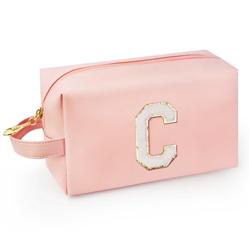 Personalized Initial Makeup Bag with Handle, Preppy Cosmetic Bag with Inner Zipper Pocket, 8 9 10 11 12 13 14 Years Old Girl, Graduation Gifts for Teen Girls Women Teachers (C, Pink) - color: Pink, style: C