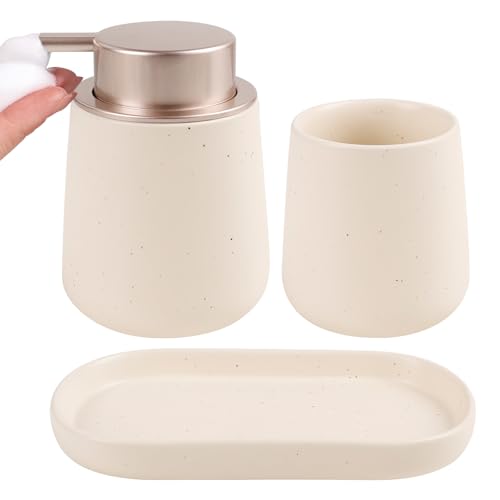 BosilunLife Ceramic Bathroom Accessories Set 3 Pcs, Foaming Soap Dispenser and Toothbrush Holder with Tray, Modern Farmhouse Vanity Decor, Apricot Housewarming Gift - color: Apricot, style: Foam