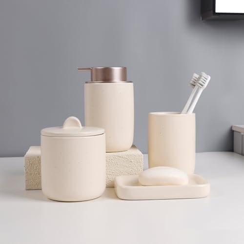 BosilunLife Ceramic Bathroom Accessories Sets Complete Bathroom soap Dispenser and Toothbrush Holder Set (Apricot-Liquid) - color: Smooth-apricot-liquid