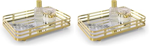 SunnyPoint Classic Decorative Vanity Perfume Dresser Jewelry Organizer Makeup Mirror Tray (Polished Gold) (Pack of 2) - color: Polished Gold, size: 10.4" x 6.7" x 2" (Pack of 2)