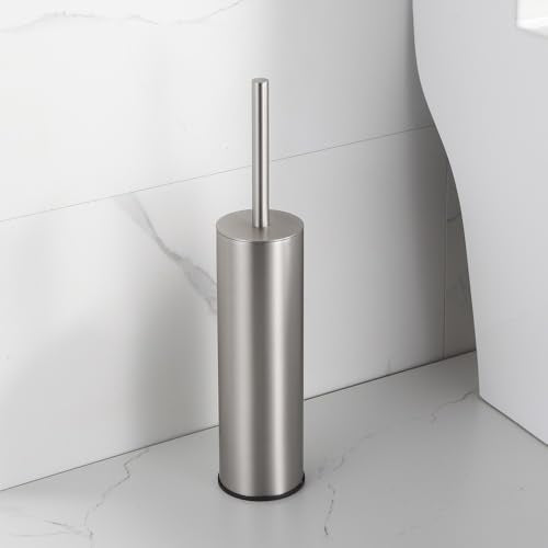 Toilet Brush and Holder Set Brushed Nickel Stainless Steel, 304 Heavy Duty Round Toilet Brush Set – Rust Resistant, Long Handle, Replacement Heads, Floor Standing Bathroom Toilet Cleaning - color: Brushed Nickel-round