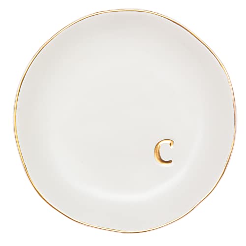 COLLECTIVE HOME Ceramic Jewelry Tray, Trinket Dish, Gifts for Women (C) | Mother's Day, Birthday, Christmas, Engagement Gifts, Vanity, Nightstand Decor, Embossed Gold Monogram Ring Dish with Gift Box - color: C