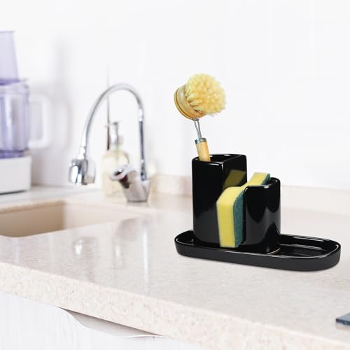 Geelin 3 in 1 Ceramic Kitchen Sink Caddy Dish Sponge Holder Scrub Brush Holder and Soap Tray for Kitchen Organizer Rustic Farmhouse Supplies(Black) - color: Black