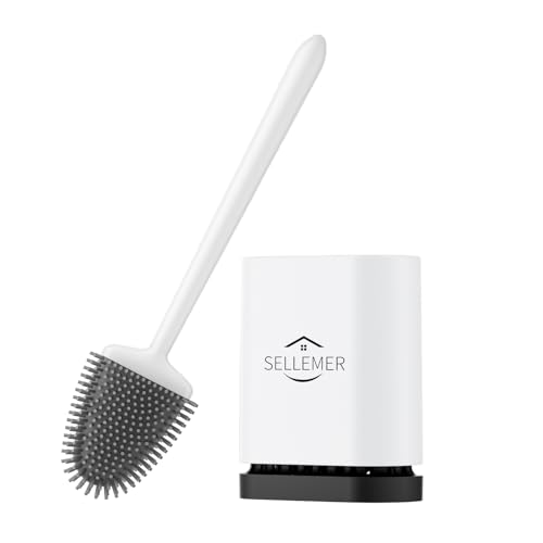 Sellemer Toilet Brush and Holder Set - Flexible Toilet Bowl Brush Head with Silicone Bristles, Compact Size for Storage and Organization, Ventilation Slots Base (1 Pack, Pearl White) - color: White