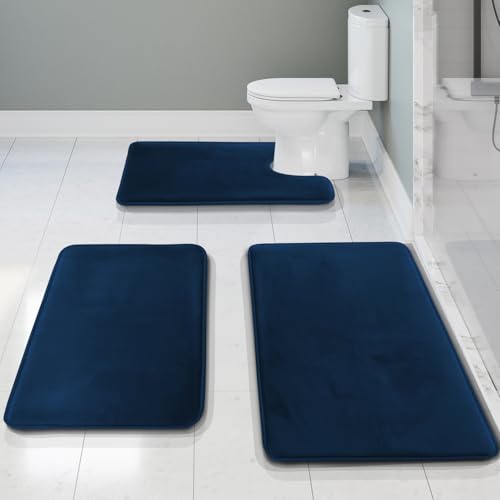 Clara Clark 3 Piece Bathroom Rugs Bath Mat Set, Velvet Memory Foam Bath Mats for Bathroom - Non-Slip, PVC Backing Bath Rugs, Washable - Dries Quickly, Blue - color: Blue, style: 17 x 24 + 20 x 32 + Contour