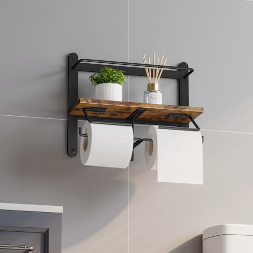 Homeiju Double Toilet Paper Holder with Shelf, Wooden Wall-Mounted Toilet Paper Roll Holder, Wall-Mounted Bathroom Organizer, Double Roll, Suitable for Bathrooms (Rustic Brown) - color: Rustic Brown