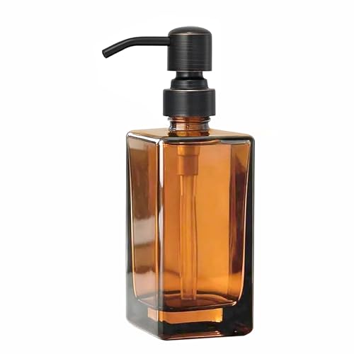 13.5 Oz Coffee Glass Soap Dispenser with Rust Proof Stainless Steel Pump, Antique Design Refillable Square Lotion Dispenser for Bathroom, Premium Kitchen Hand Soap (Oil Rubbed Bronze) - color: Coffee+oil Rubbed Bronze