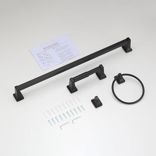4 Pieces Bathroom Hardware Accessories Set, Stainless Steel 24 inch Towel Bar, Towel Rack, Robe Hook, Toilet Paper Holder for Bathroom Wall Mounted (Matte Black) - color: Matte Black