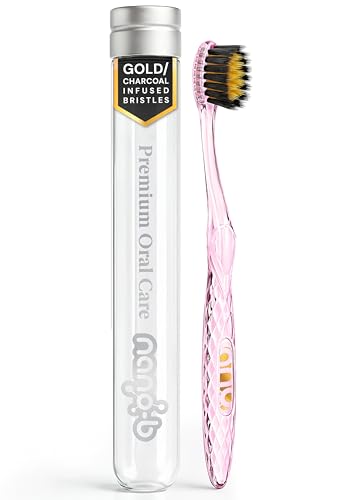 Nano-b Manual Toothbrush for Adults with Sensitive Gums, Gold & Charcoal Soft/Medium Bristles, Travel Case, Pink - color: Pink, style: Gold/Charcoal Bristles