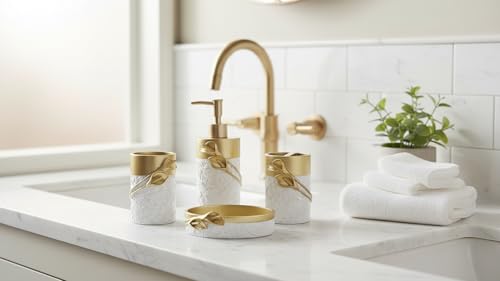 Hymmah Bathroom Accessories Set,Golden Design Toothbrush Holder,Farmhouse Bathroom Decor,4 Pcs Resin Gift Set Apartment Necessities, Contain Toothbrush Cup,Soap Dispenser,Soap Dish,Tumbler - color: Calla Gold