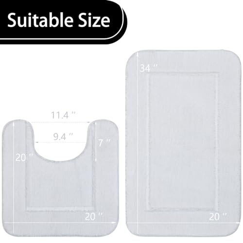 LOCHAS Bathroom Rug Set White, Soft Bath Rug Set 2 Piece, Toilet Mat U-Shaped 20x20 and 34x20 Bath Rugs, Quickly Dry Mats for Bathroom, Tub, Washable, Super Absorbent Floor Mat - color: White, size: 34" x 20" Plus 20" x 20" (U-Shape)