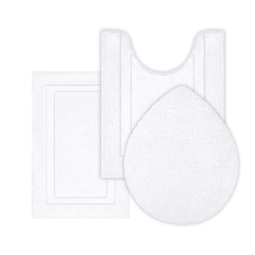 SHACOS White Bathroom Rugs Sets 3 Piece, Non Slip Soft Absorbent 16"x24" | Small Microfiber Bath Mat with Toilet Lid Cover, Shaggy Carpet U-Shaped Contour Toilet Rug, Machine Washable - color: White, size: 16"x24"+U-Shape 20"x24"+Lid Cover 19"x21"