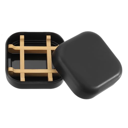 uxcell Wooden Soap Holder, Detachable Self Draining Square Soap Dishes with Lid, Wooden Bamboo Soap Bar Tray for Shower (Double Pack Rounded Black) - color: Black