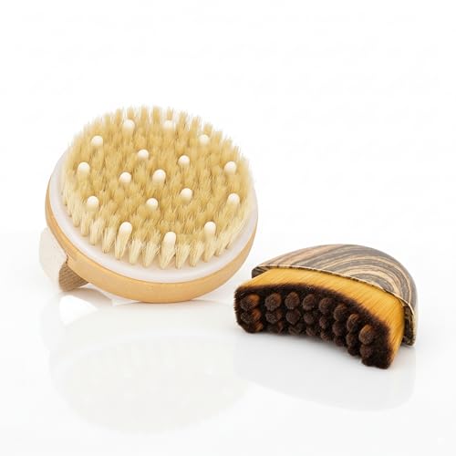 2 in 1 Dry Brushing Body & Face Contour Brush Set – Natural Boar Bristle Body Brush for Lymphatic Drainage, Cellulite & Exfoliation + Soft Facial Brush for Jawline Sculpting & Puffiness