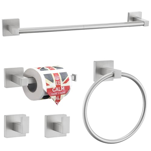 Lairuier 5-Piece Brushed Nickel Bathroom Hardware Set, Bathroom Accessories Set with Towel Bar, Toilet Paper Holder and 2 Towel Hooks SUS304 Stainless Steel Towel Bar Set Wall Mounted - color: Brushed, size: Set A