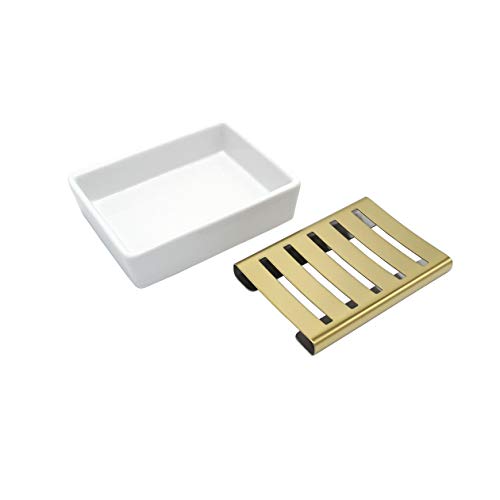 Ceramic Soap Dish Gold Stainless Steel Soap Holder for Shower and Bathroom Double Layer Draining Soap Box