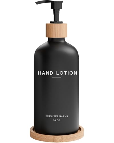Black Glass Lotion Dispenser with Pump by Brighter Barns - Hand Lotion Dispenser Bathroom Set with Tray - Luxury Bathroom Accessories Set, Modern Home Decor for Spa, Office, Living Room, Hotel (Black) - color: Back L