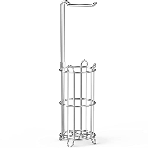 Meangood Toilet Paper Holder Stand and Tissue Paper Roll Dispenser for 4 Mega Rolls, Bathroom Free Standing Tissue Roll Storage Holder Rack, Metal Wire Silver - color: Silver