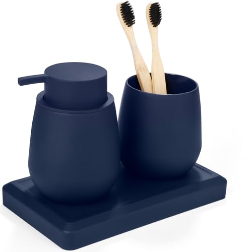 Blue Bathroom Accessories Set, Modern 3 Pcs Bathroom Essentials - Soap Dispenser, Toothbrush Holder & Tray, Countertop Vanity Organizer (Blue) - color: Blue