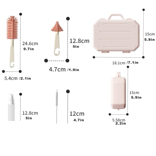 PandaEar Portable Bottle Brush Set with Case, Baby Travel Essential-6 in 1 Bottle Cleaning Tool, Bottle Cleaner Kit with Silicone Brush, Nipple Brush, Straw Brush, Bottle Dispenser, Pink
