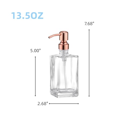 13.5 Oz Clear Glass Soap Dispenser with Rust Proof Stainless Steel Pump, Antique Design Refillable Square Lotion Dispenser for Bathroom, Premium Kitchen Hand Soap (Red Copper) - color: Red Copper