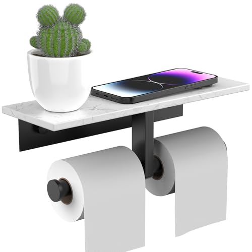 BWE Double Toilet Paper Holder with Shelf, Wall Mounted Tissue Roll Holder for Bathroom, Commercial Toilet Paper Dispenser, Marble Toilet Paper Storage Holder with Phone Shelf (Matte Black) - color: Double Black
