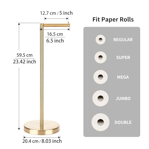 RFOUO Brushed Gold Toilet Paper Holder Stand 1 pc, Free Standing Toilet Paper Holder Stand,Bathroom Toilet Paper Storage with 2.7 Pounds Heavy Base for 4+1 Rolls,Toilet Tissue Holder - color: Brushed Gold