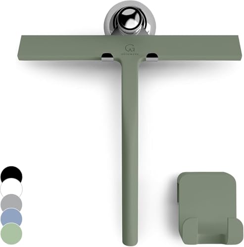 GÜTEWERK Silicone Shower Squeegee for Glass Doors & Mirrors with Stainless Steel Core, Streak-Free & No-Squeak Window Cleaning, 3-in-1 No-Drill Mount (Hook/Suction/Adhesive),Green, 11 Inches - color: Green, size: 11 Inches