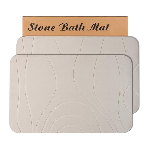 Stone Bath Mat, 2 Pack Diatomaceous Earth Shower Mat, Non-Slip Super Absorbent Quick Drying Bathroom Floor Mat, 24x15, Greyish White - color: Greyish White, size: 24" x 15" (2 Pack)