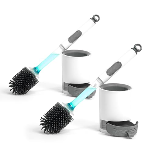 Silicone Toilet Brush and Holder Set, 2 Pack Bendable Scrubber for Curved Rim, Non-Scratch Drip-Resistant Brush with Built-in Sprayer, Space Saving Bathroom Essentials (2)
